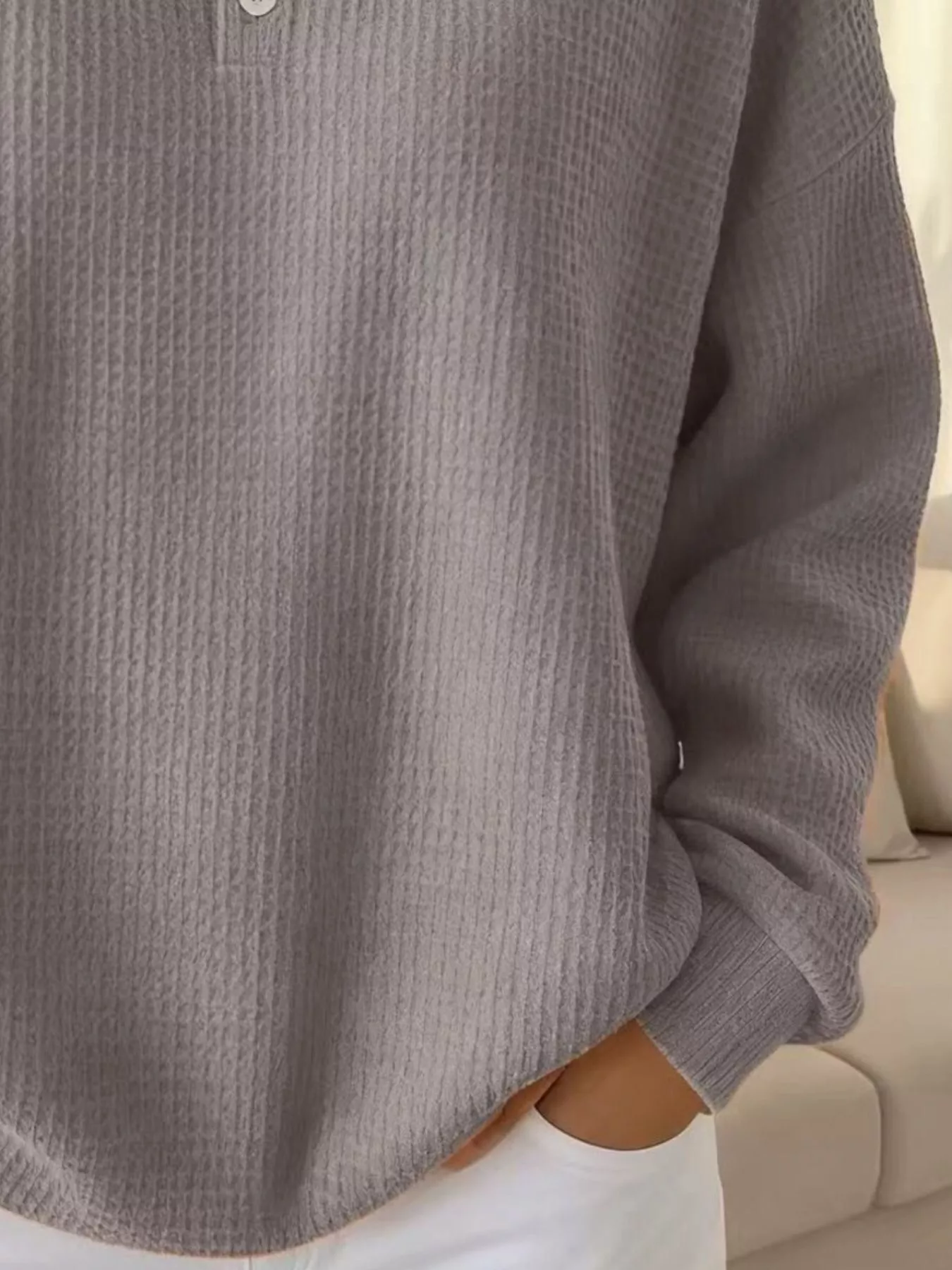 Full Size Waffle Knit Button Detail Sweatshirt Plus Size - Image 15