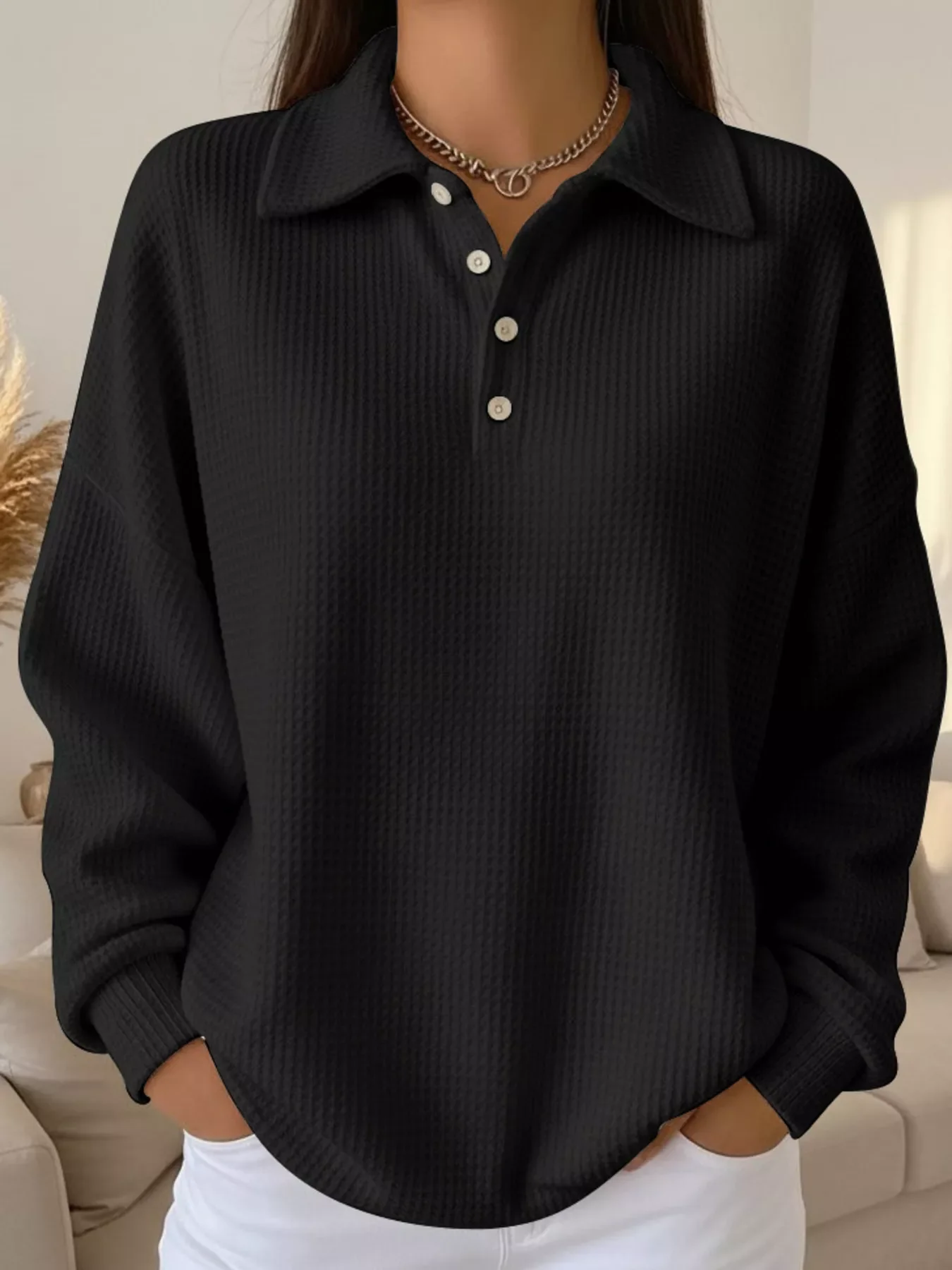 Full Size Waffle Knit Button Detail Sweatshirt Plus Size - Image 4