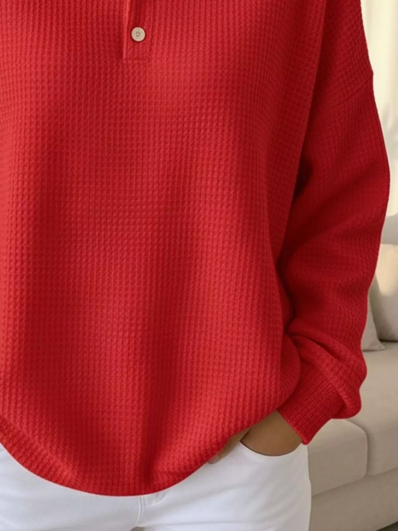 Full Size Waffle Knit Button Detail Sweatshirt Plus Size - Image 9