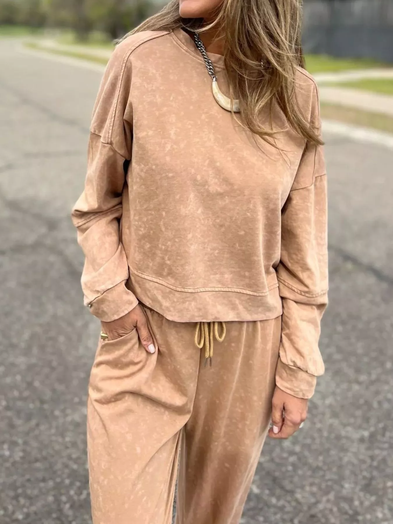 Full Size Washed Round Neck Top and Drawstring Pants Set Plus Size - Image 15