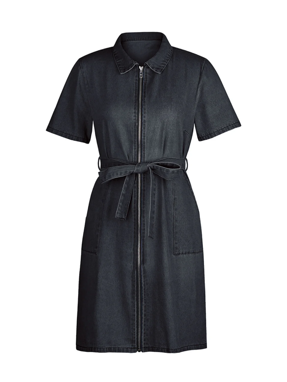 Full Size Zip Front Short Sleeve Denim Dress Plus Size - Image 11