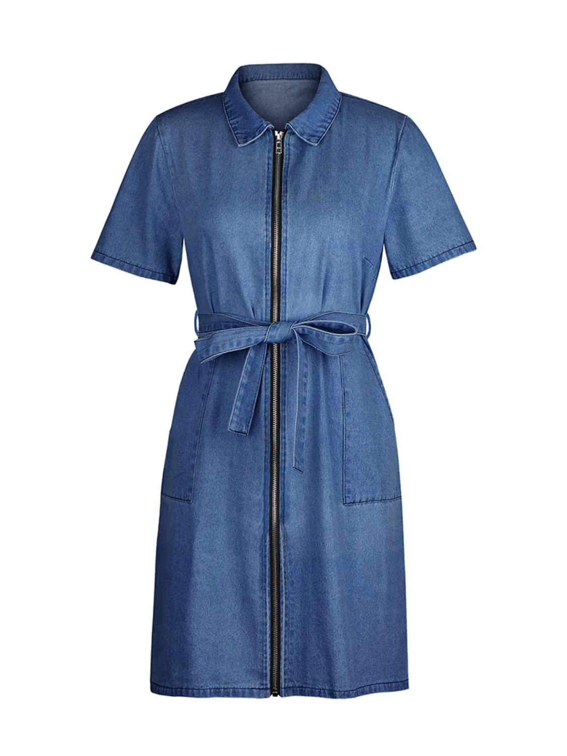 Full Size Zip Front Short Sleeve Denim Dress Plus Size - Image 14