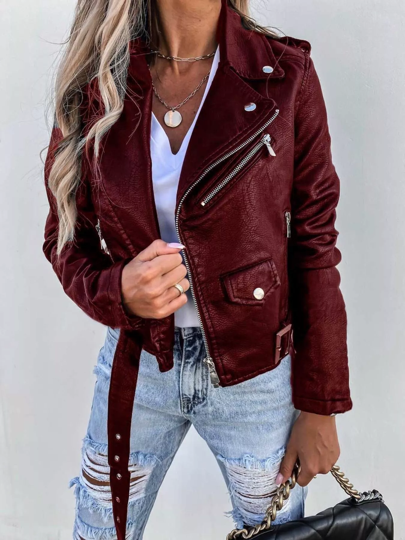 Full Size Zip Up Leather Motorcycle Biker Jacket Plus Size - Image 6