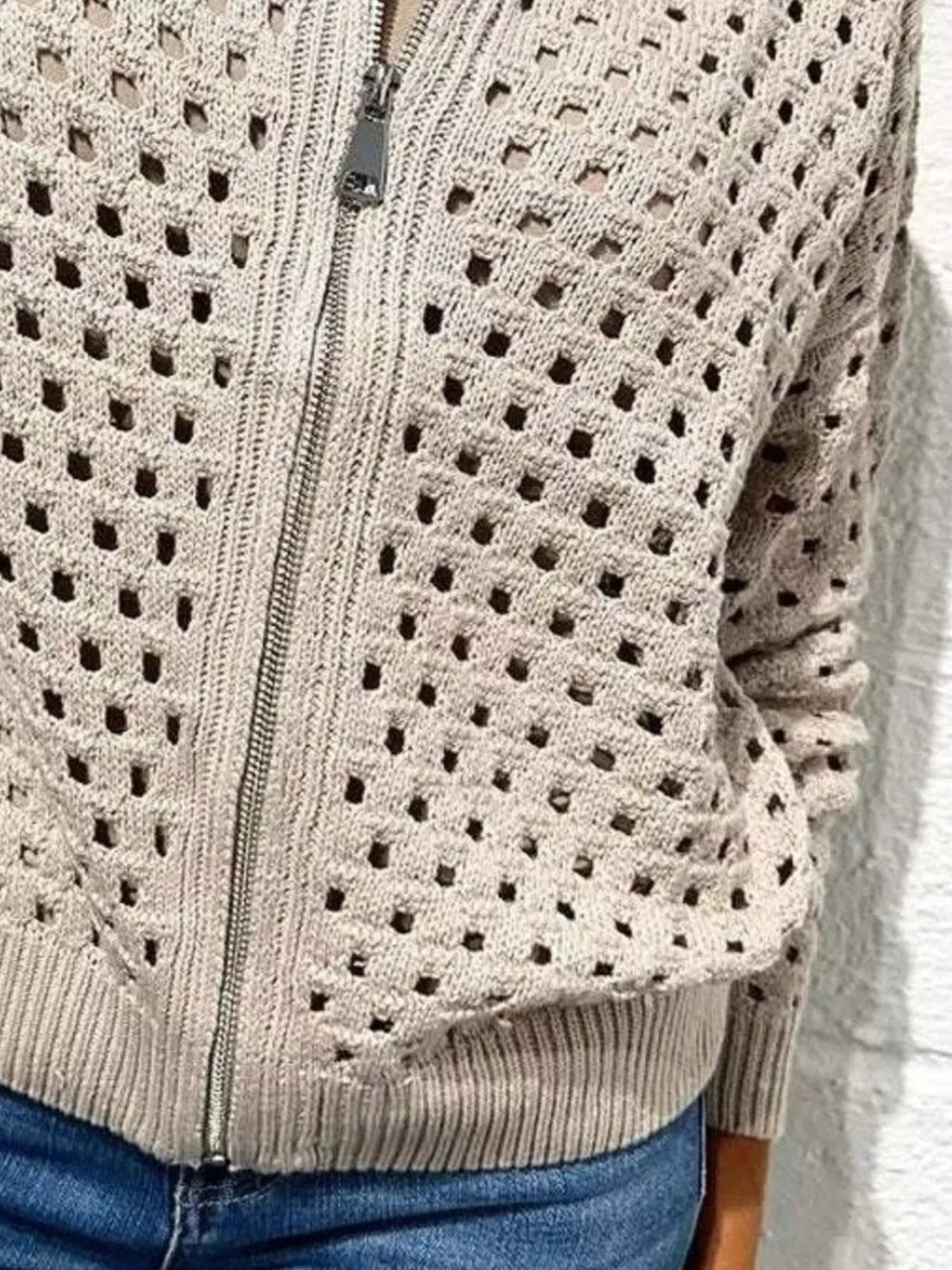 Full Size Zip Up Long Sleeve Cardigan with Eyelet Detail Plus Size - Image 17