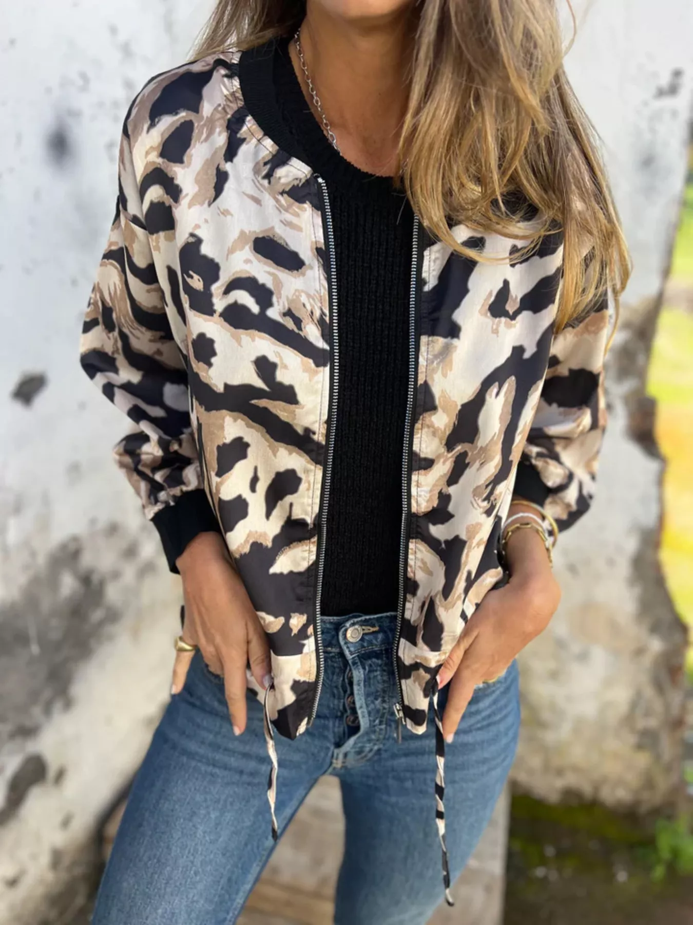Full Size Zip Up Zebra Print Bomber Jacket Plus Size - Image 3