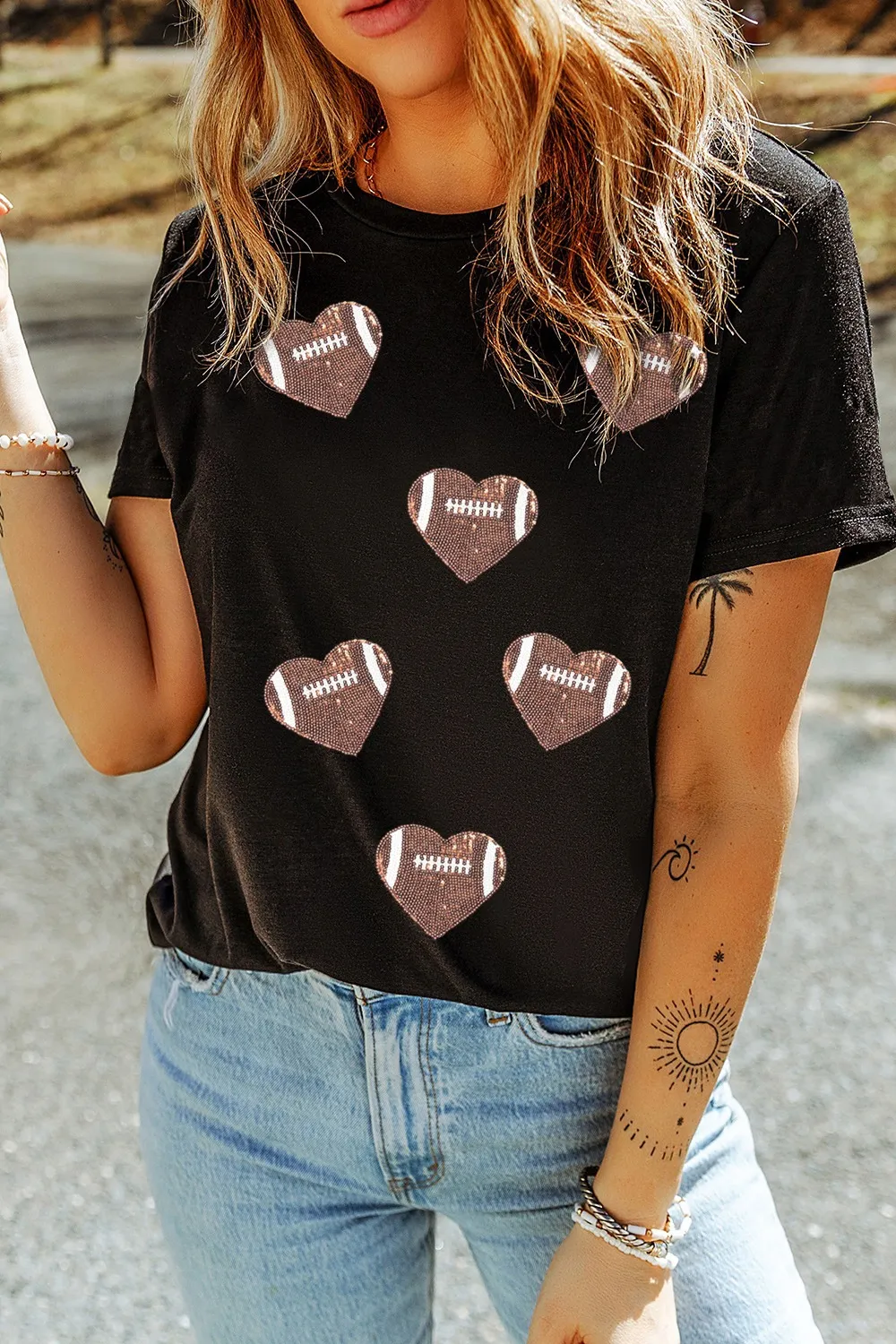 Game Day Football Heart Round Neck T-Shirt - Image 3