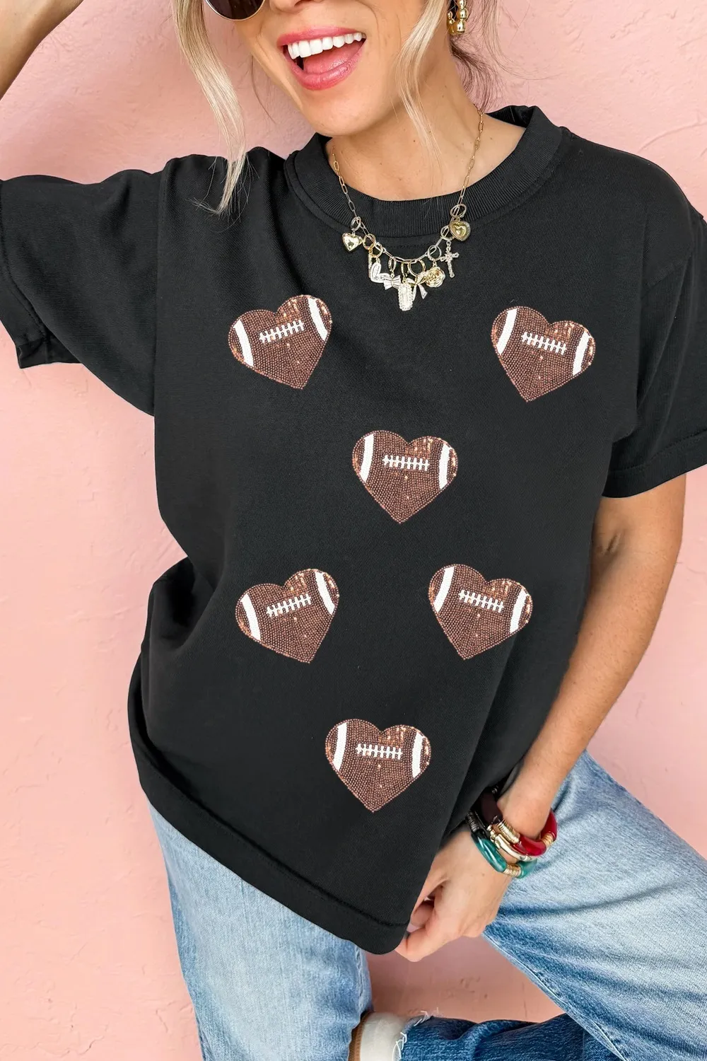 Game Day Football Heart Round Neck T-Shirt - Image 4