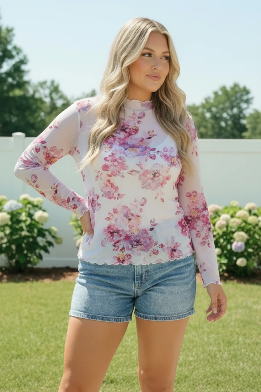 Garden Party Floral Mesh Long Sleeve Top - Image 6