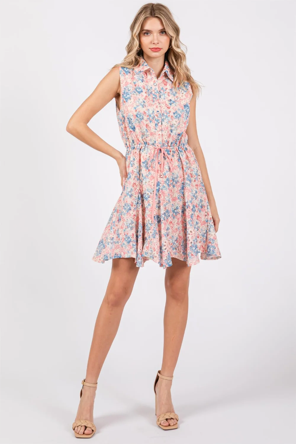 GeeGee Full Size Floral Eyelet Sleeveless Mini Dress - Image 4