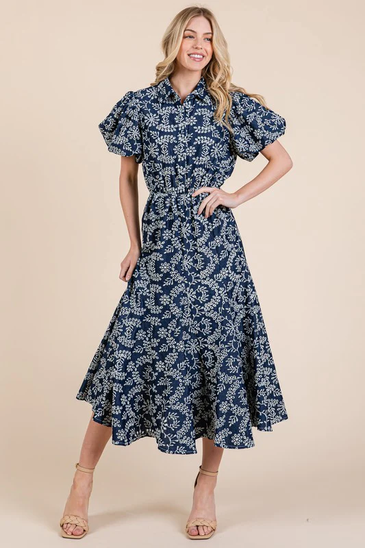 GeeGee Natural Leaf Pattern Eyelet Lace Puff Sleeve Dress - Image 3