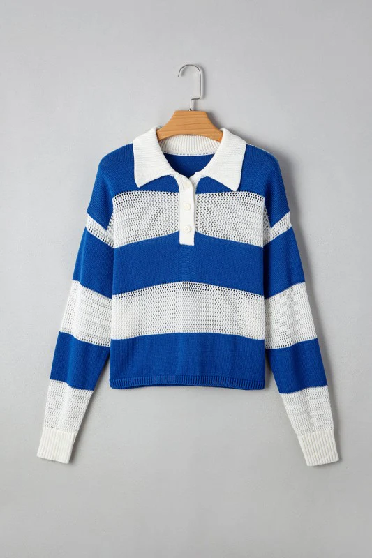 Genevieve Stripe Collar Eyelet Crochet Knitted Swe - Image 20