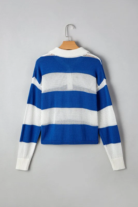 Genevieve Stripe Collar Eyelet Crochet Knitted Swe - Image 24