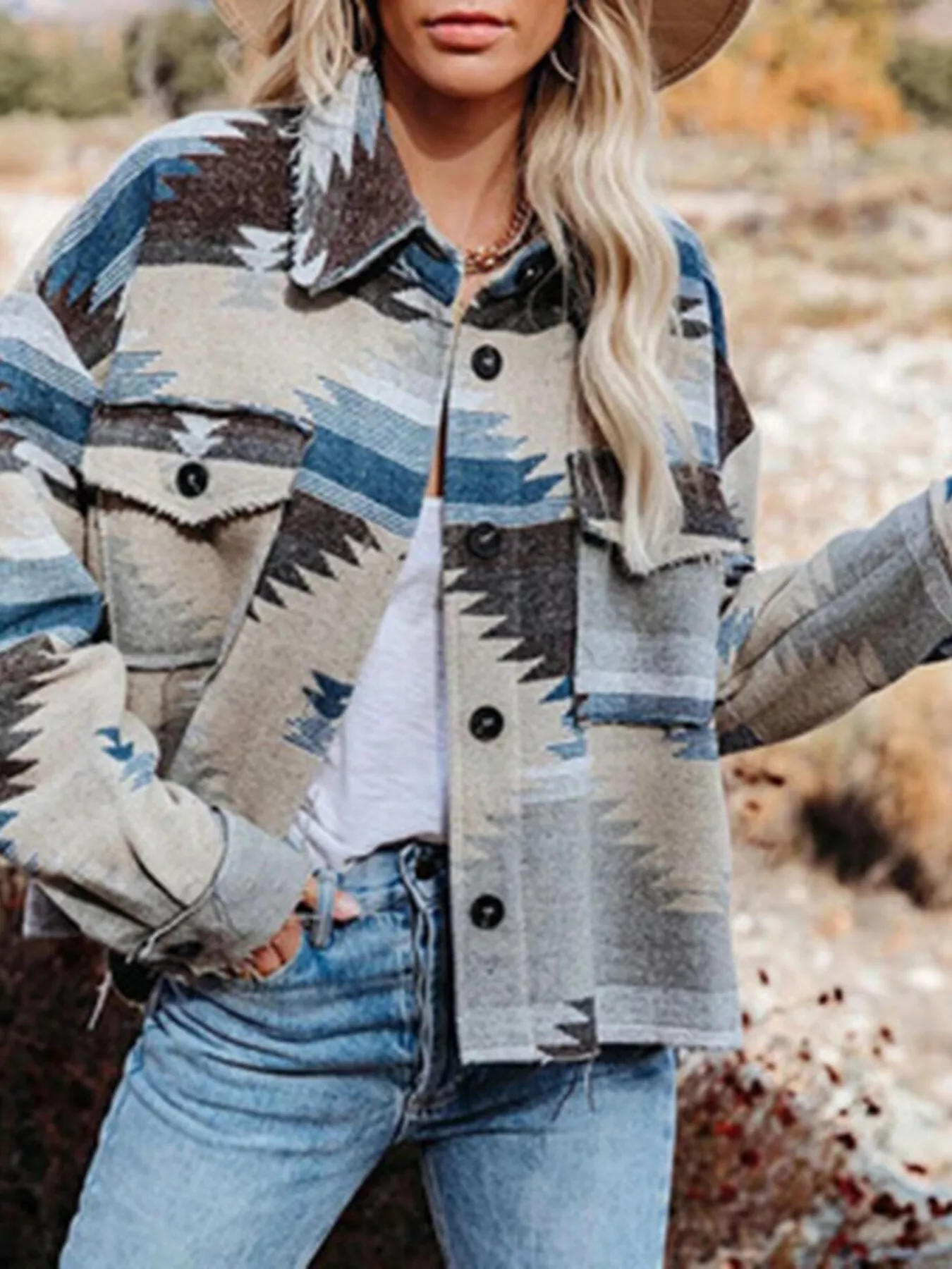Geometric Button Up Jacket with Chest Pockets - Image 3
