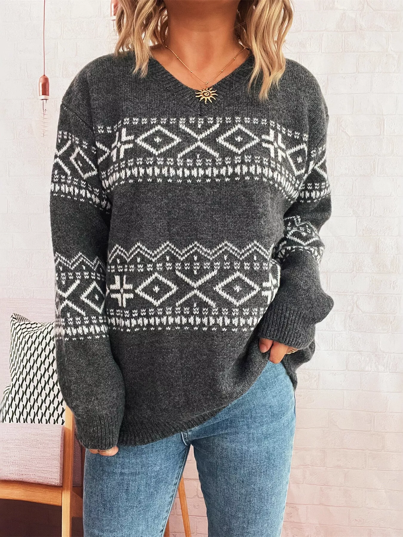 Geometric Dropped Shoulder Long Sleeve Sweater - Image 2