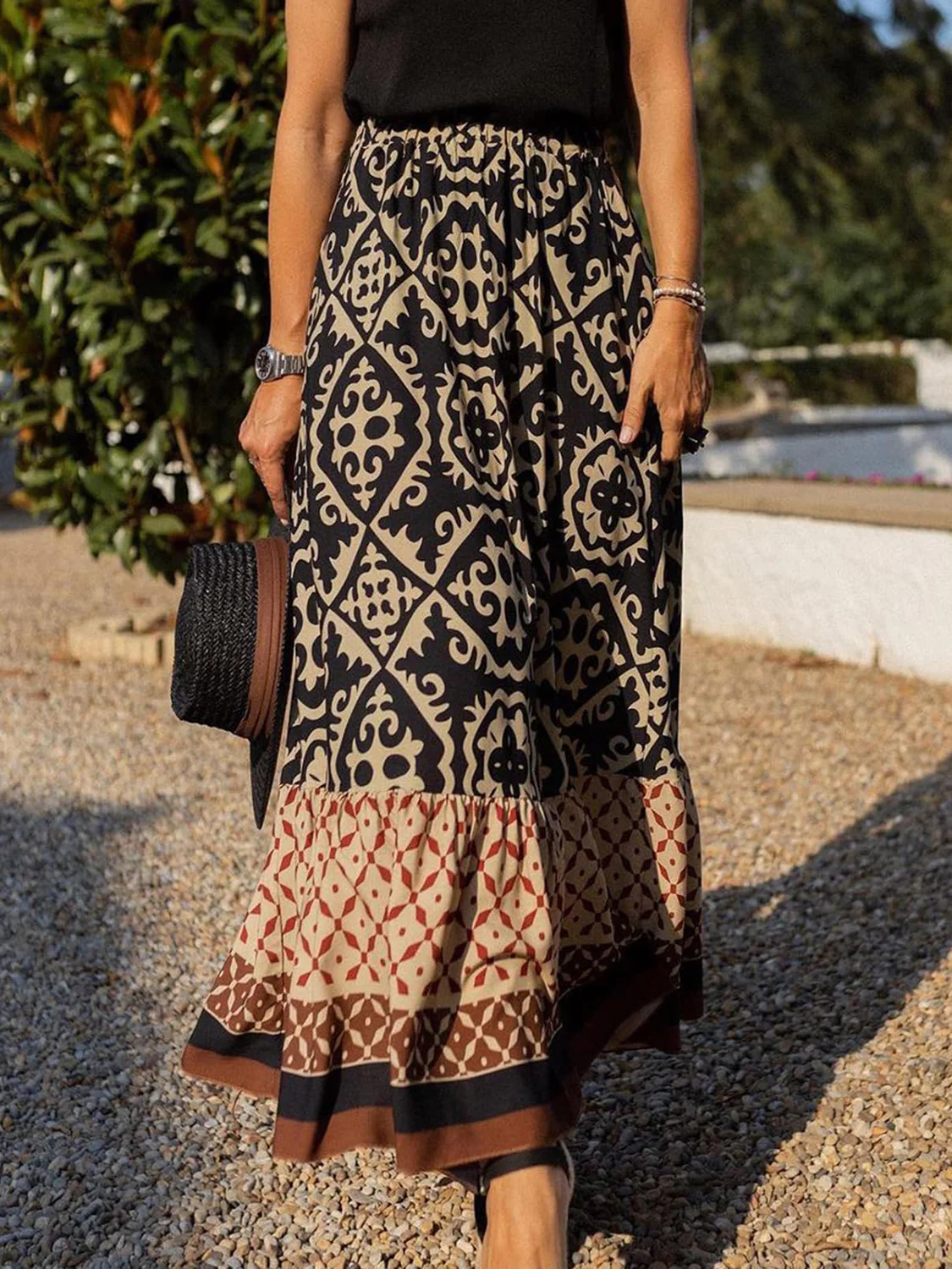 Geometric Elastic Waist Maxi Skirt - Image 16