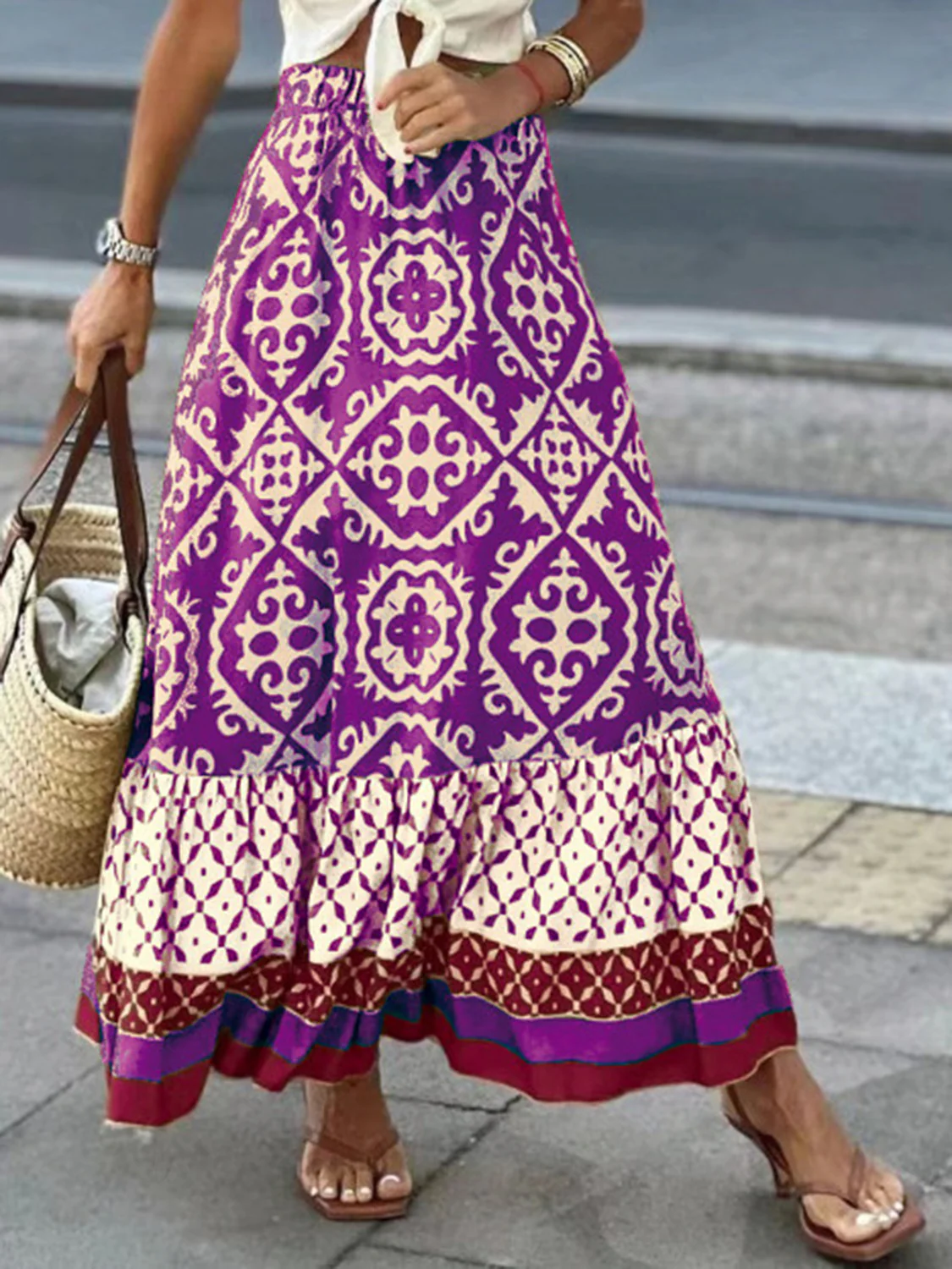 Geometric Elastic Waist Maxi Skirt - Image 9