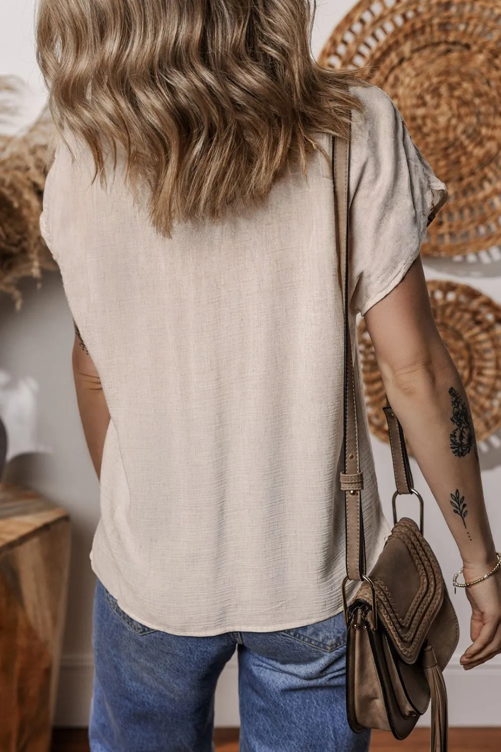Geometric Embroidered Short Sleeve Tassel Tie Neck Blouse - Image 2