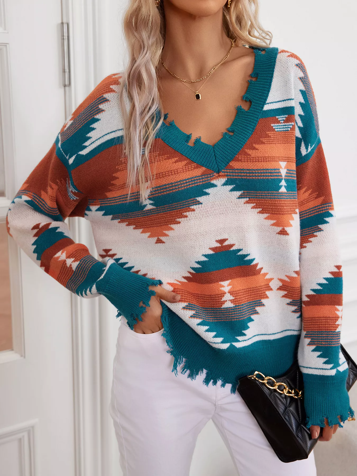 Geometric Frayed Hem V-Neck Long Sleeve Sweater - Image 24