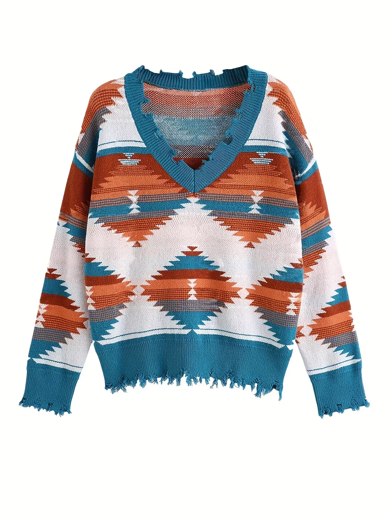 Geometric Frayed Hem V-Neck Long Sleeve Sweater - Image 26