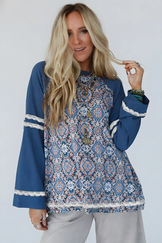 Geometric Lace Ric Rac Raglan Long Sleeve T Shirt