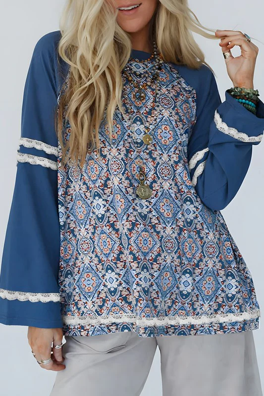 Geometric Lace Ric Rac Raglan Long Sleeve T Shirt - Image 8