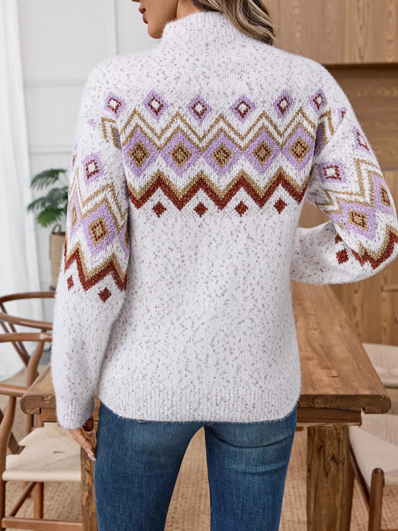 Geometric Mock Neck Long Sleeve Sweater - Image 4