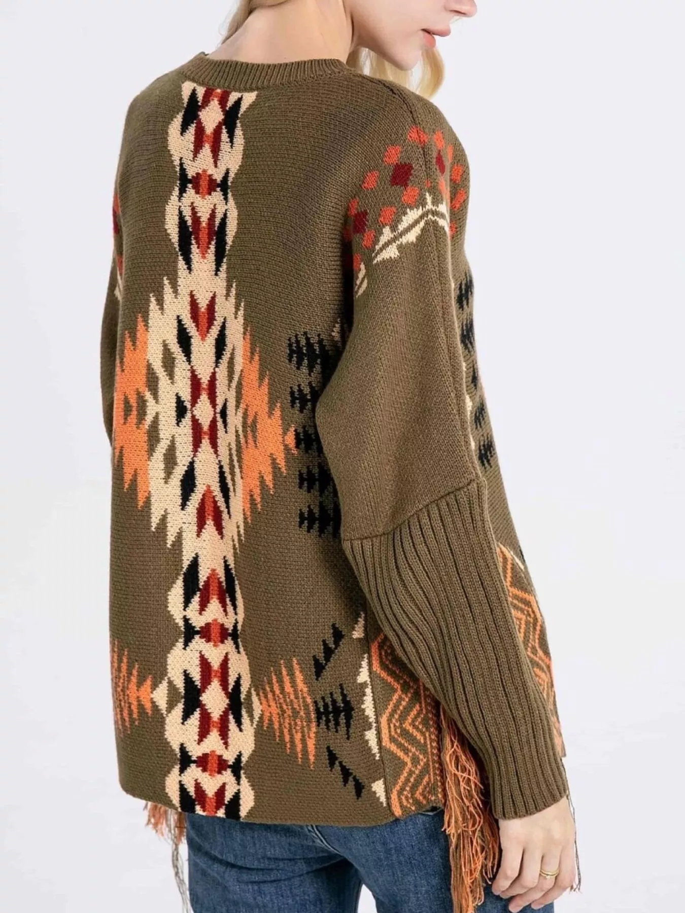 Geometric Pattern Fringe Sweater - Image 2