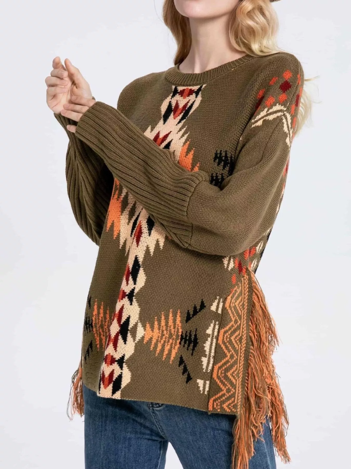 Geometric Pattern Fringe Sweater - Image 3