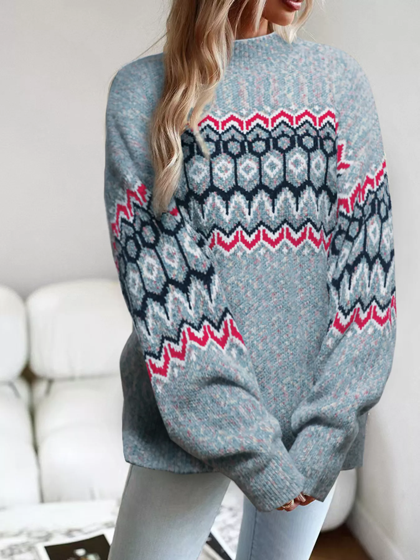 Geometric Pattern Long Sleeve Sweater - Image 2
