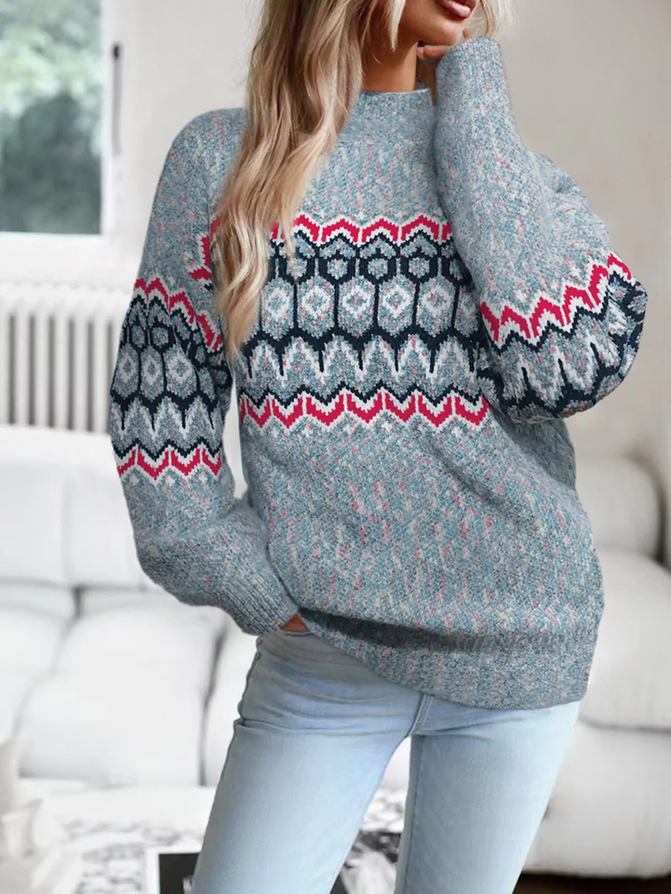 Geometric Pattern Long Sleeve Sweater - Image 4