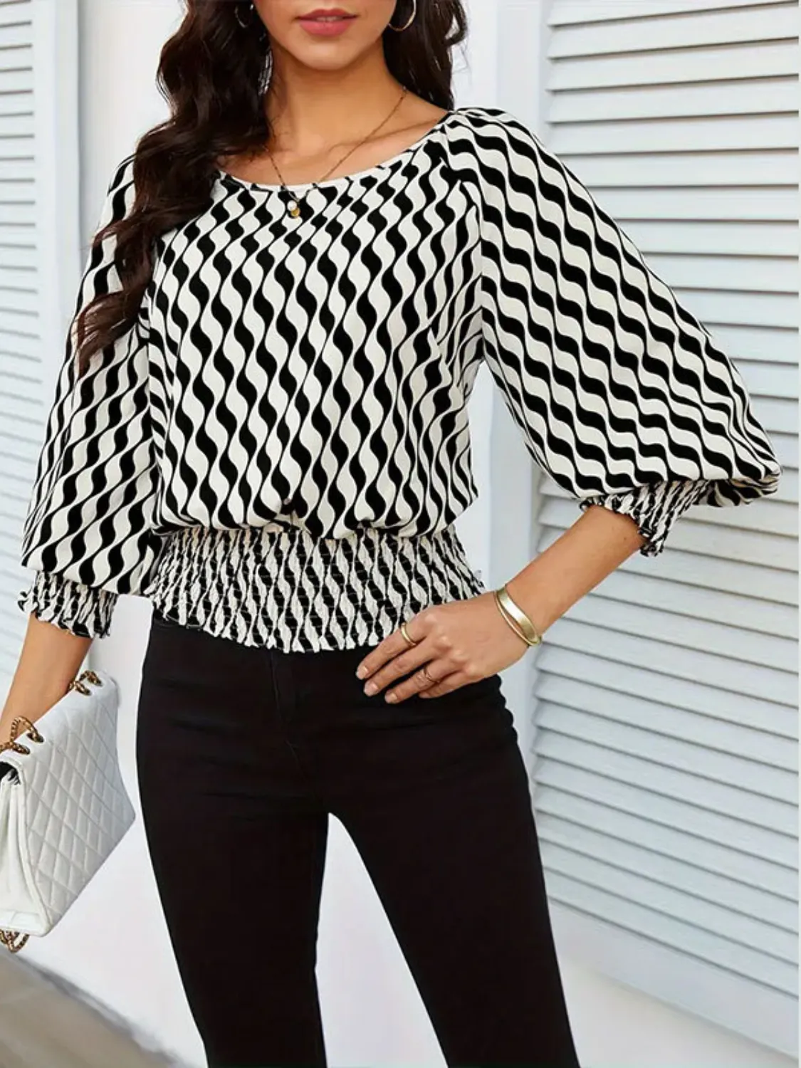 Geometric Print Lantern Sleeve Smocked Waist Blouse - Image 2