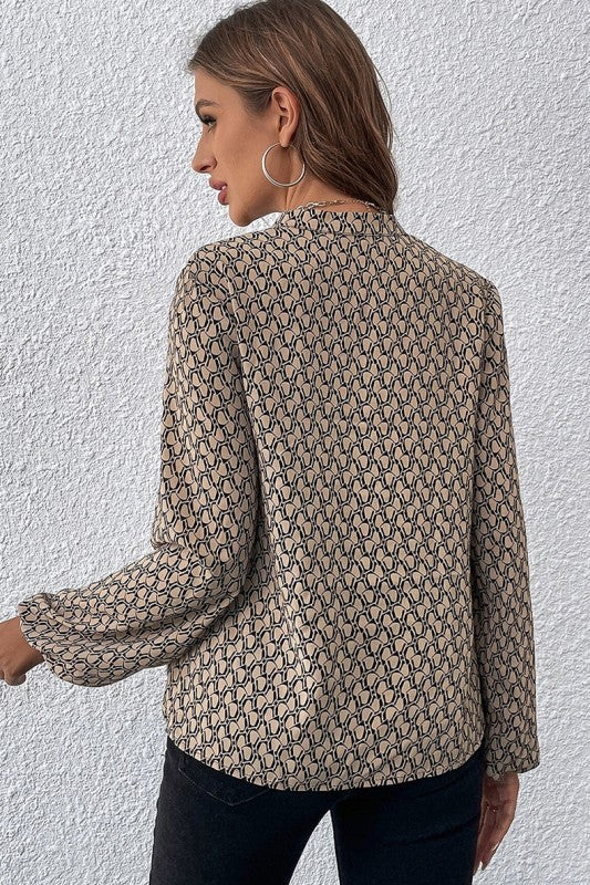 Geometric Print Notched Neck Puff Sleeve Blouse - Image 3