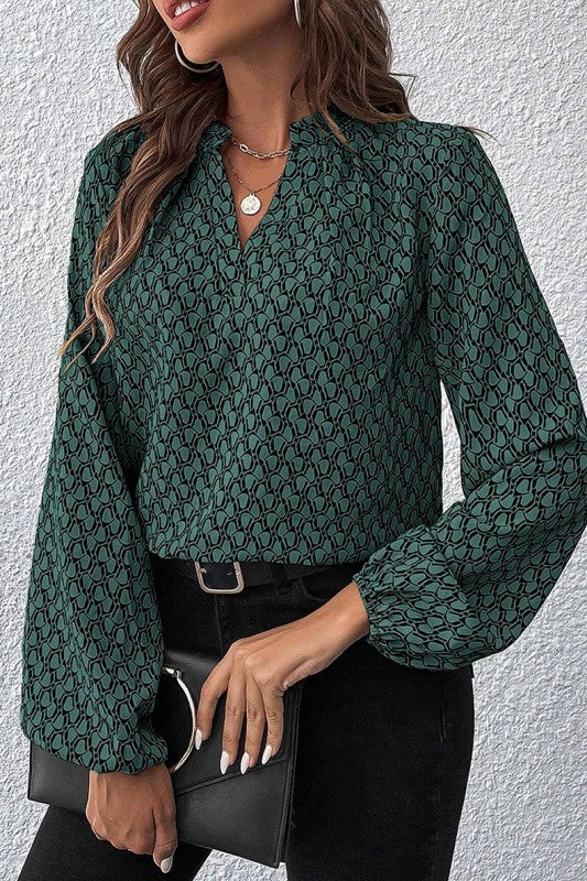 Geometric Print Notched Neck Puff Sleeve Blouse - Image 4