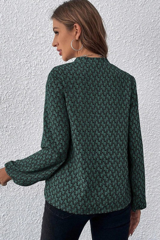 Geometric Print Notched Neck Puff Sleeve Blouse - Image 5