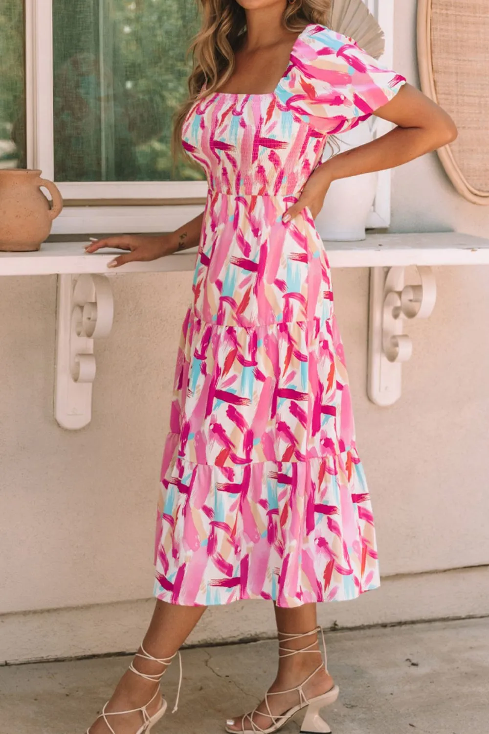 Geometric Print Puff Sleeve Square Neck Midi Dress - Image 4