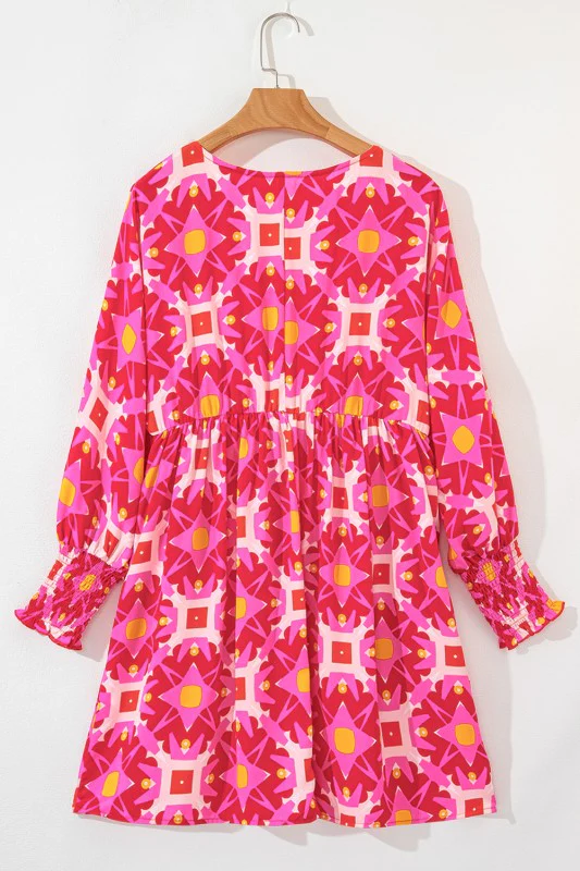Geometric Print Smocked Long Sleeve Mini Dress - Image 4