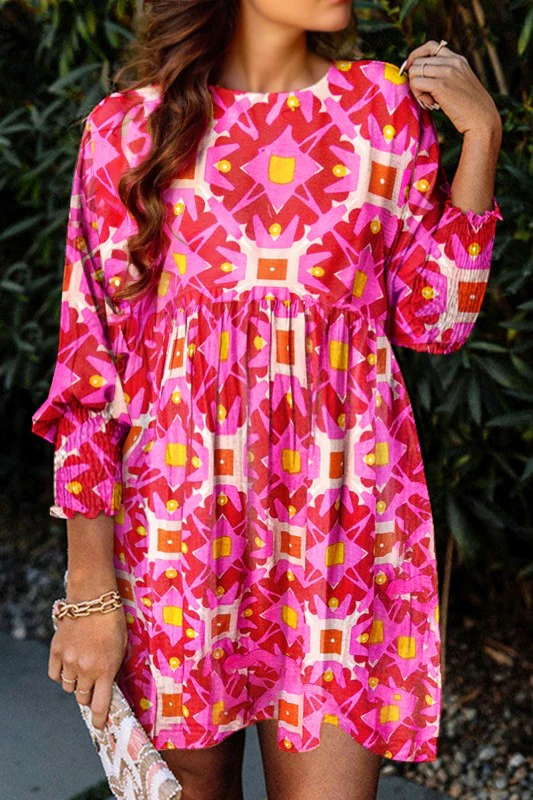 Geometric Print Smocked Long Sleeve Mini Dress - Image 6