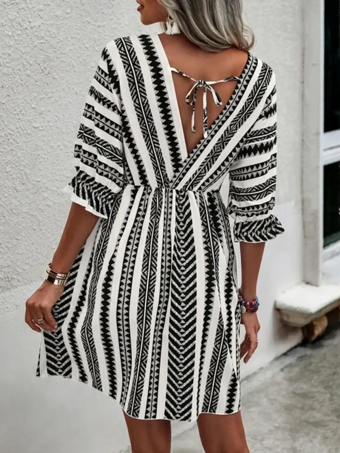 Geometric Print V-Neck Mini Dress - Image 2