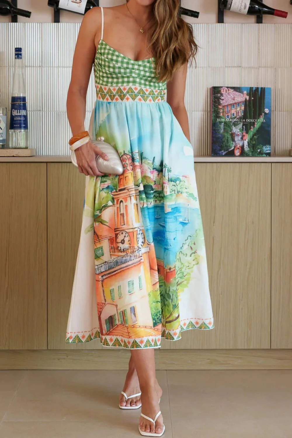 Gingham Bodice Scenic Print Midi Dress - Image 4