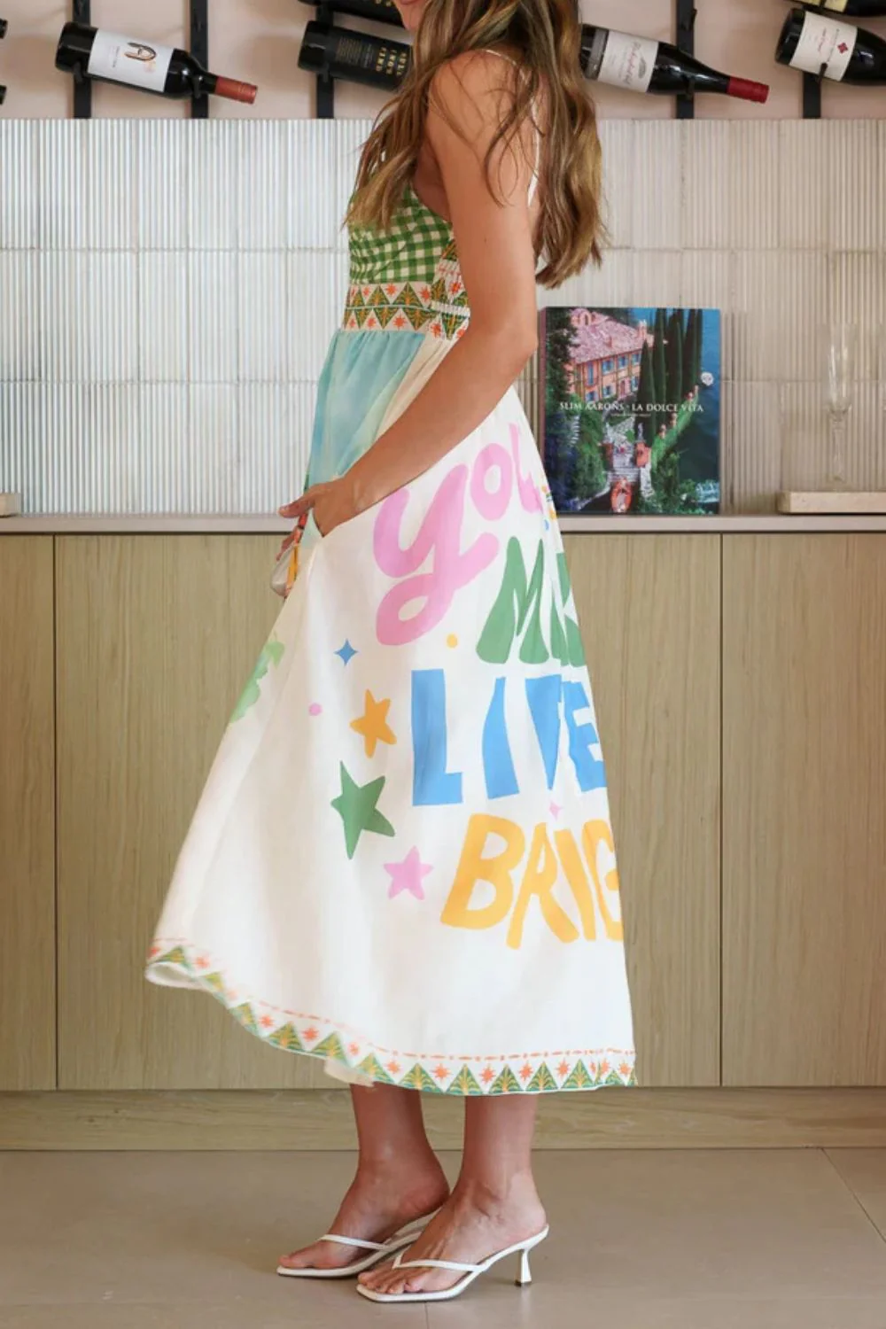 Gingham Bodice Scenic Print Midi Dress - Image 7