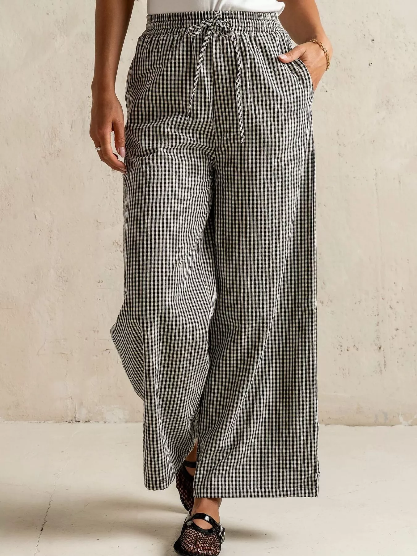Gingham Print Wide Leg Casual Pants - Image 6