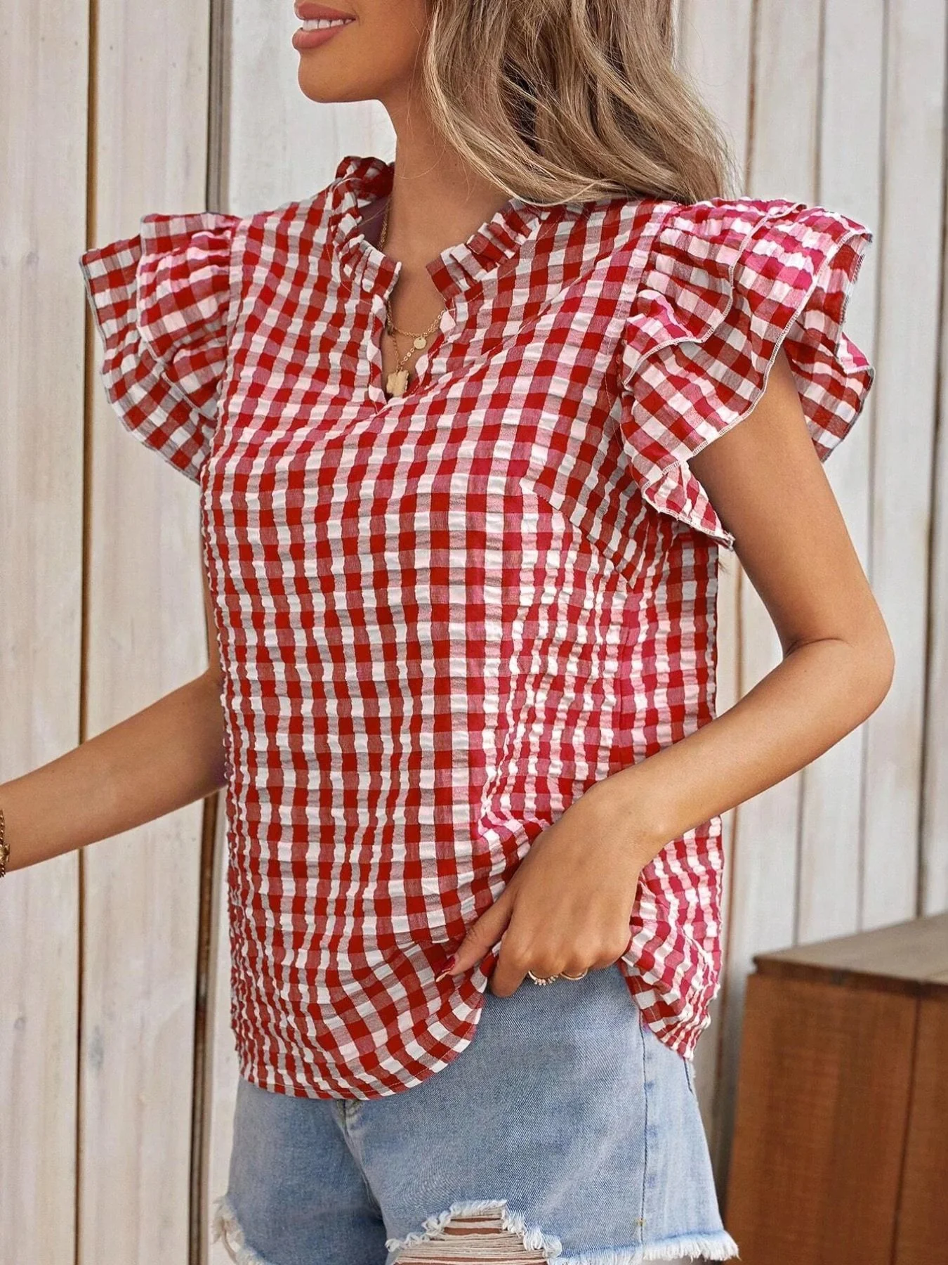 Gingham Ruffle Sleeve Blouse - Image 4