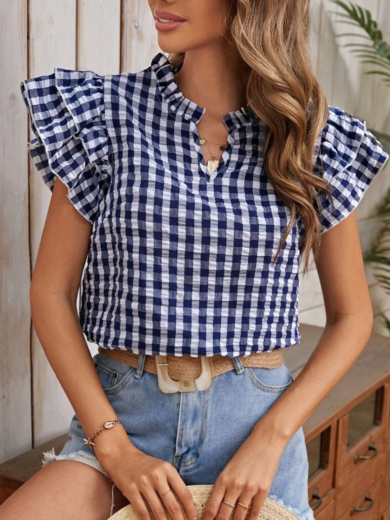 Gingham Ruffle Sleeve Blouse - Image 6