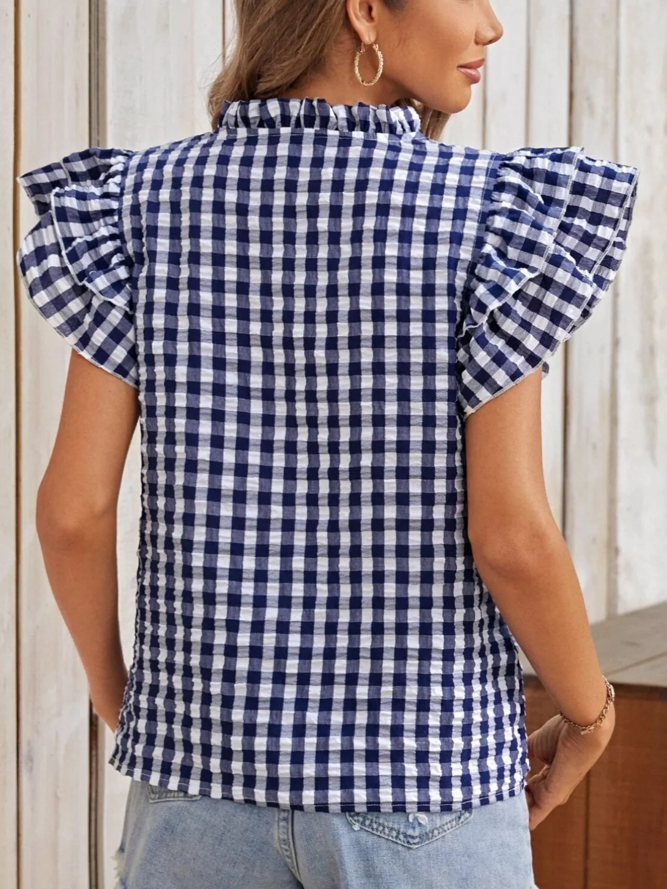 Gingham Ruffle Sleeve Blouse - Image 8