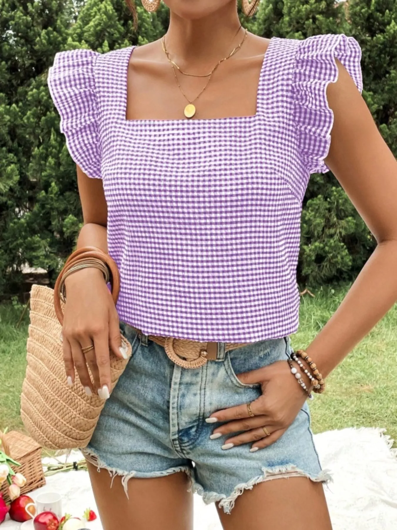 Gingham Ruffle Sleeve Square Neck Blouse - Image 24
