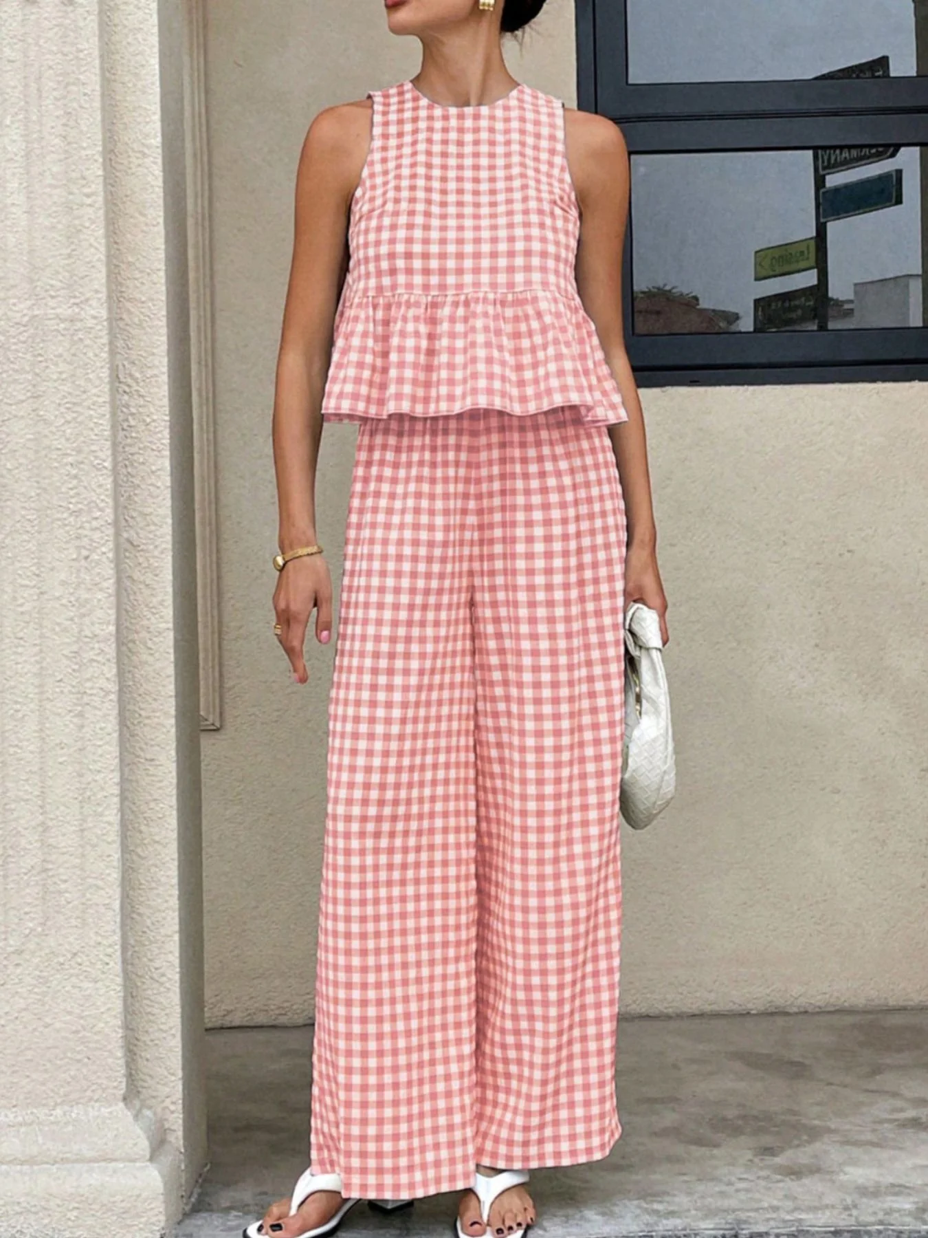 Gingham Sleeveless Top and Wide-Leg Pants Set - Image 15