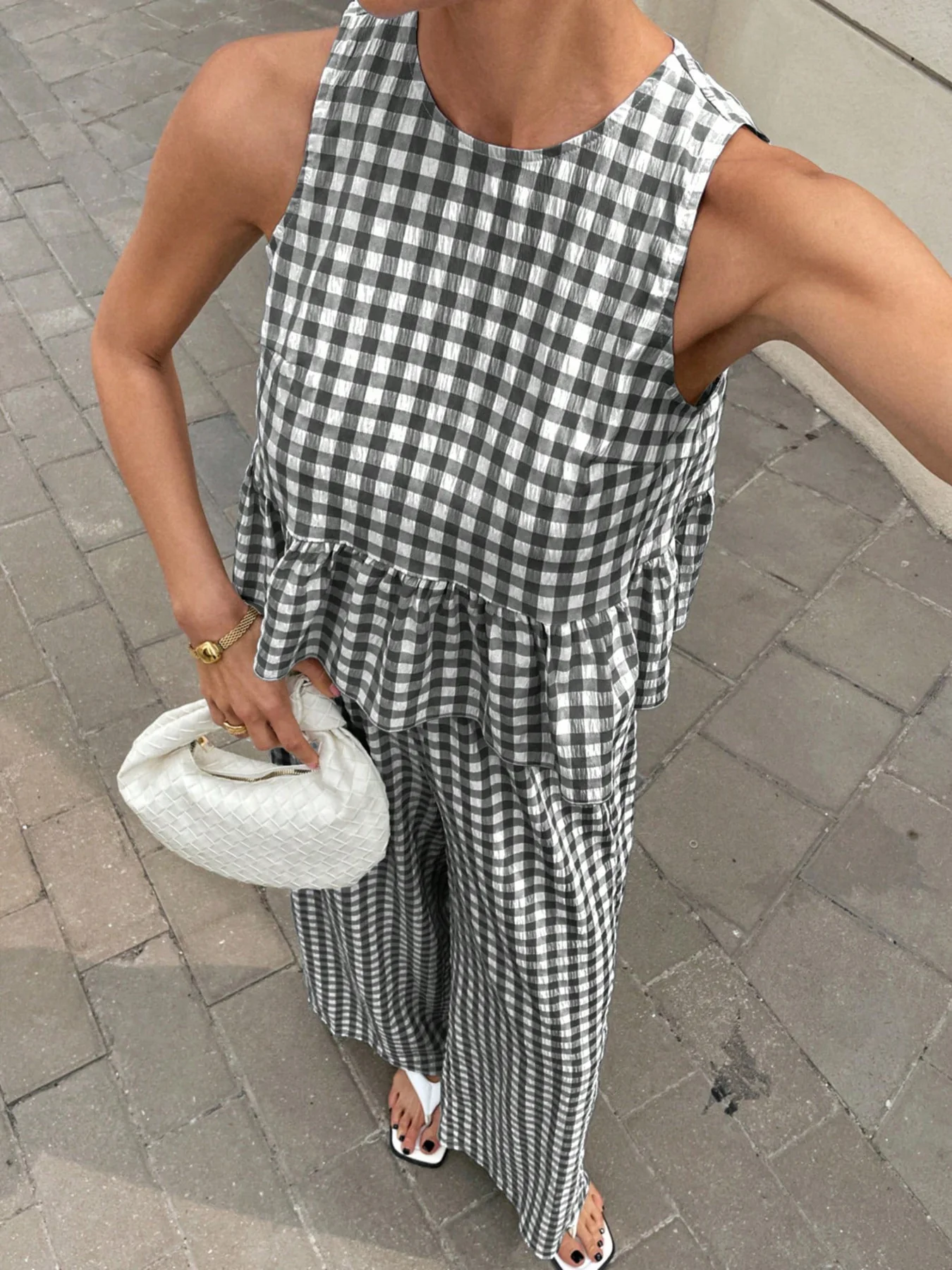 Gingham Sleeveless Top and Wide-Leg Pants Set - Image 4