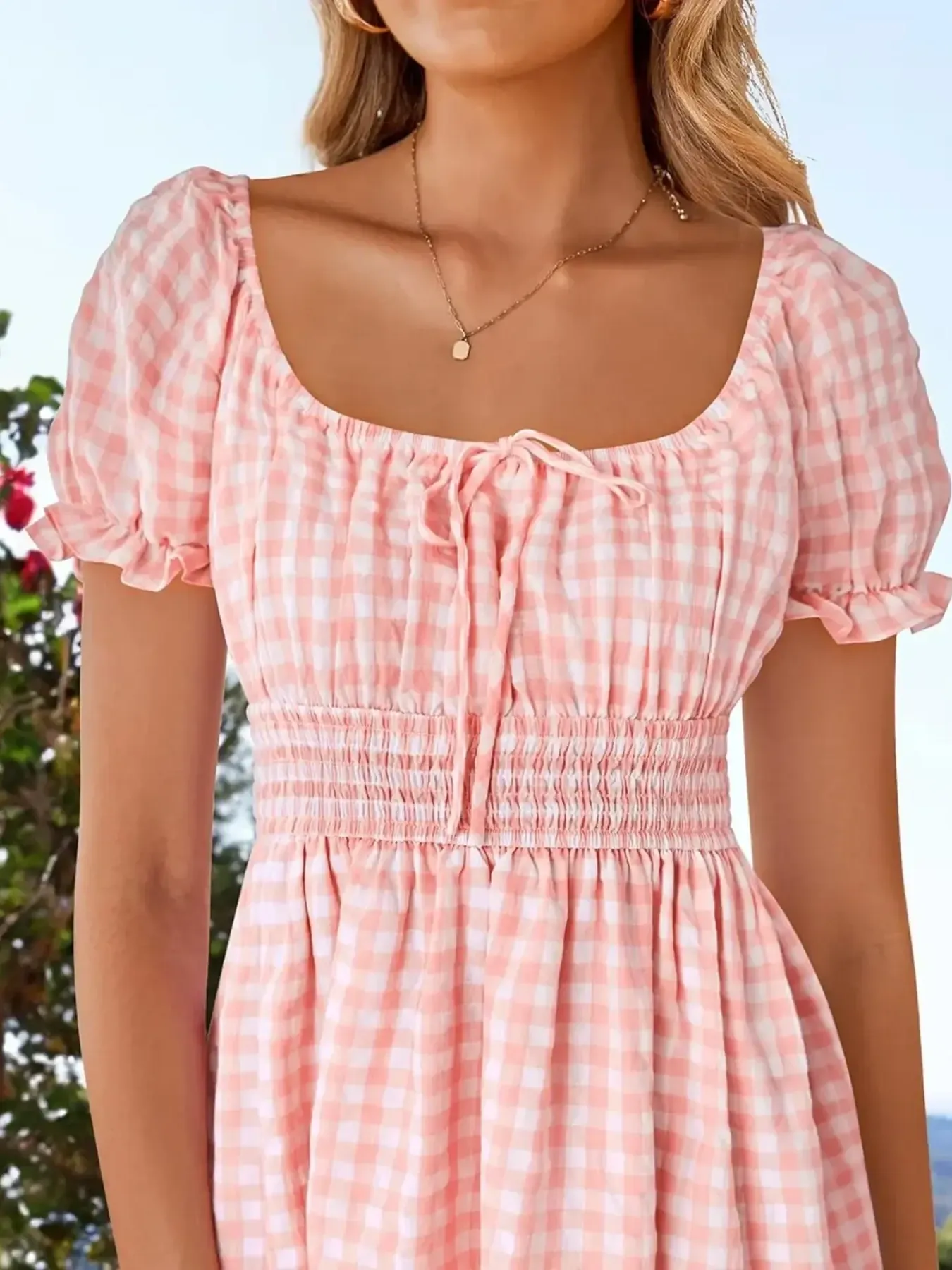 Gingham Smocked Puff Sleeve Summer Dress - Image 12