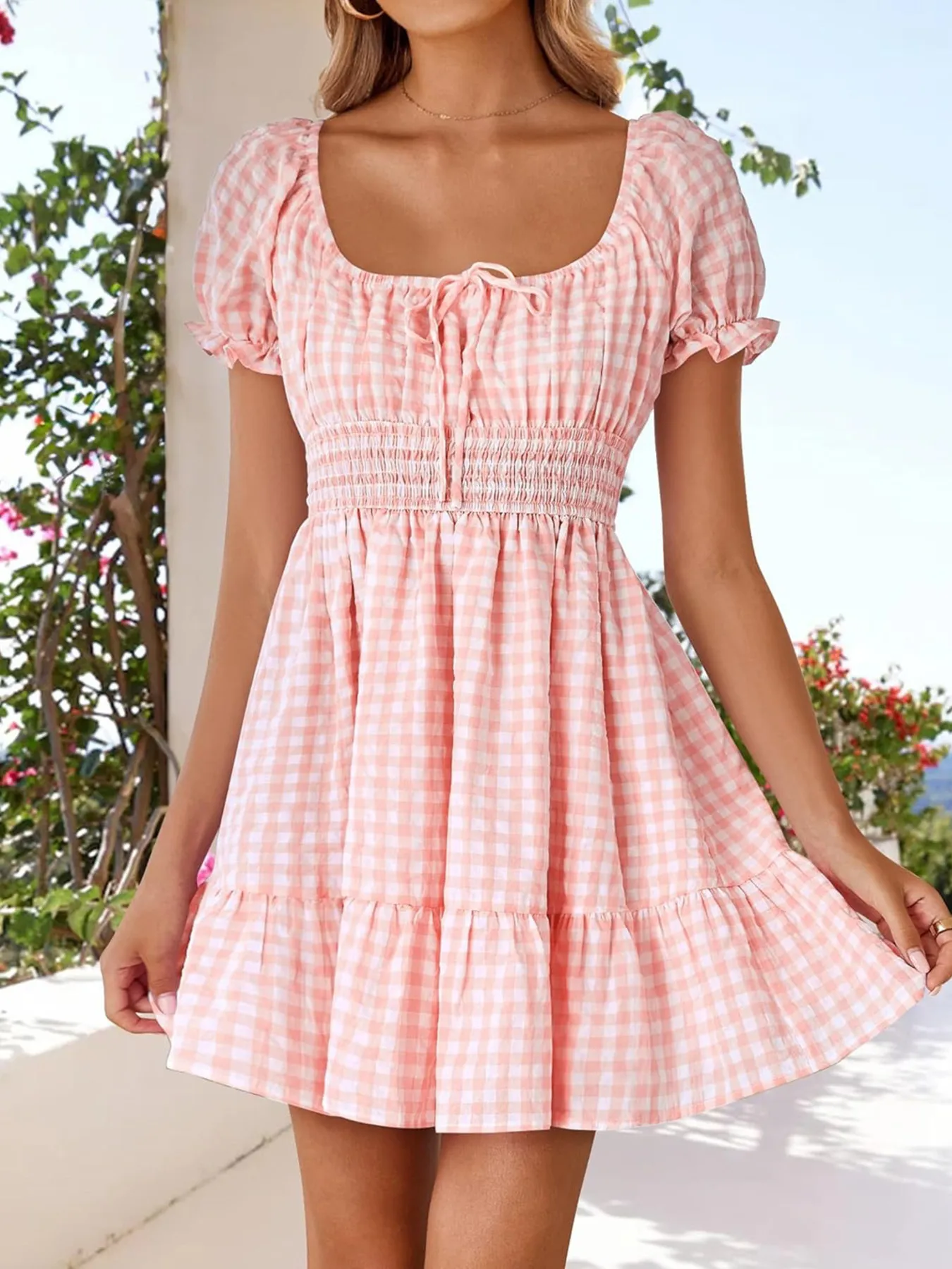 Gingham Smocked Puff Sleeve Summer Dress - Image 13