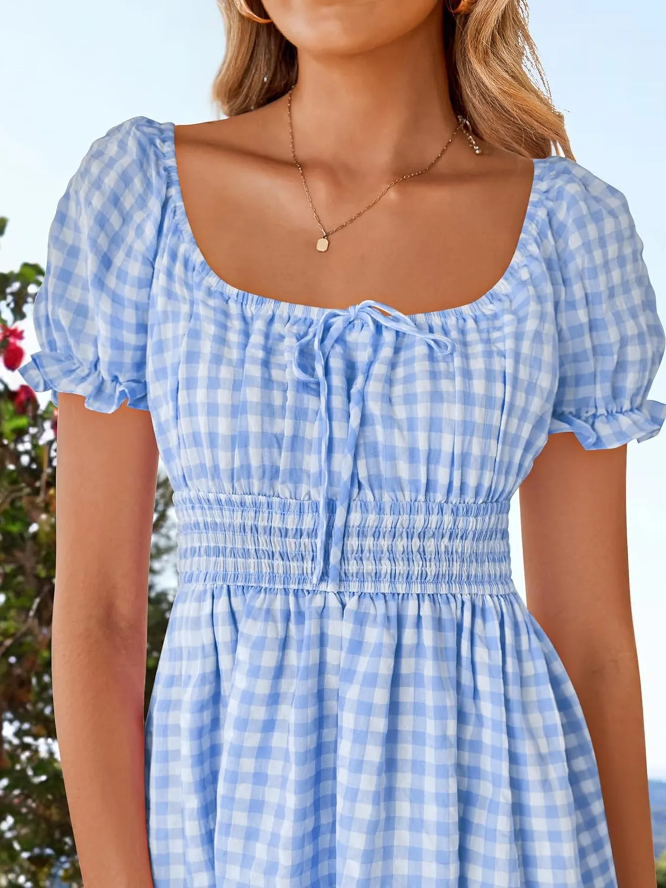 Gingham Smocked Puff Sleeve Summer Dress - Image 17